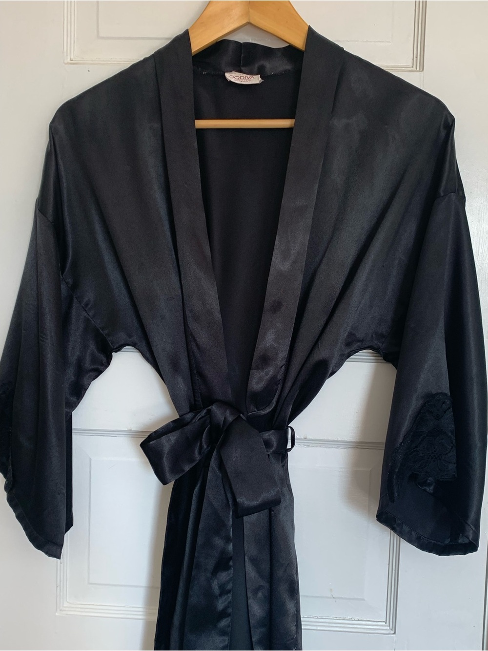 Vintage Satin Black Kimono Robe with Lace Trim
